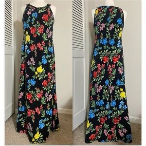 Calvin Klein Black & Florals Flared A-Line Skirt Maxi Dress M Medium